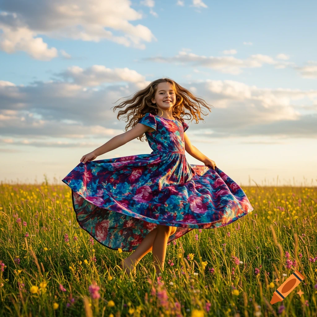 A young girl in a colorful floral dress spins joyfully in a field of wildflowers under a cloudy sky at sunset.