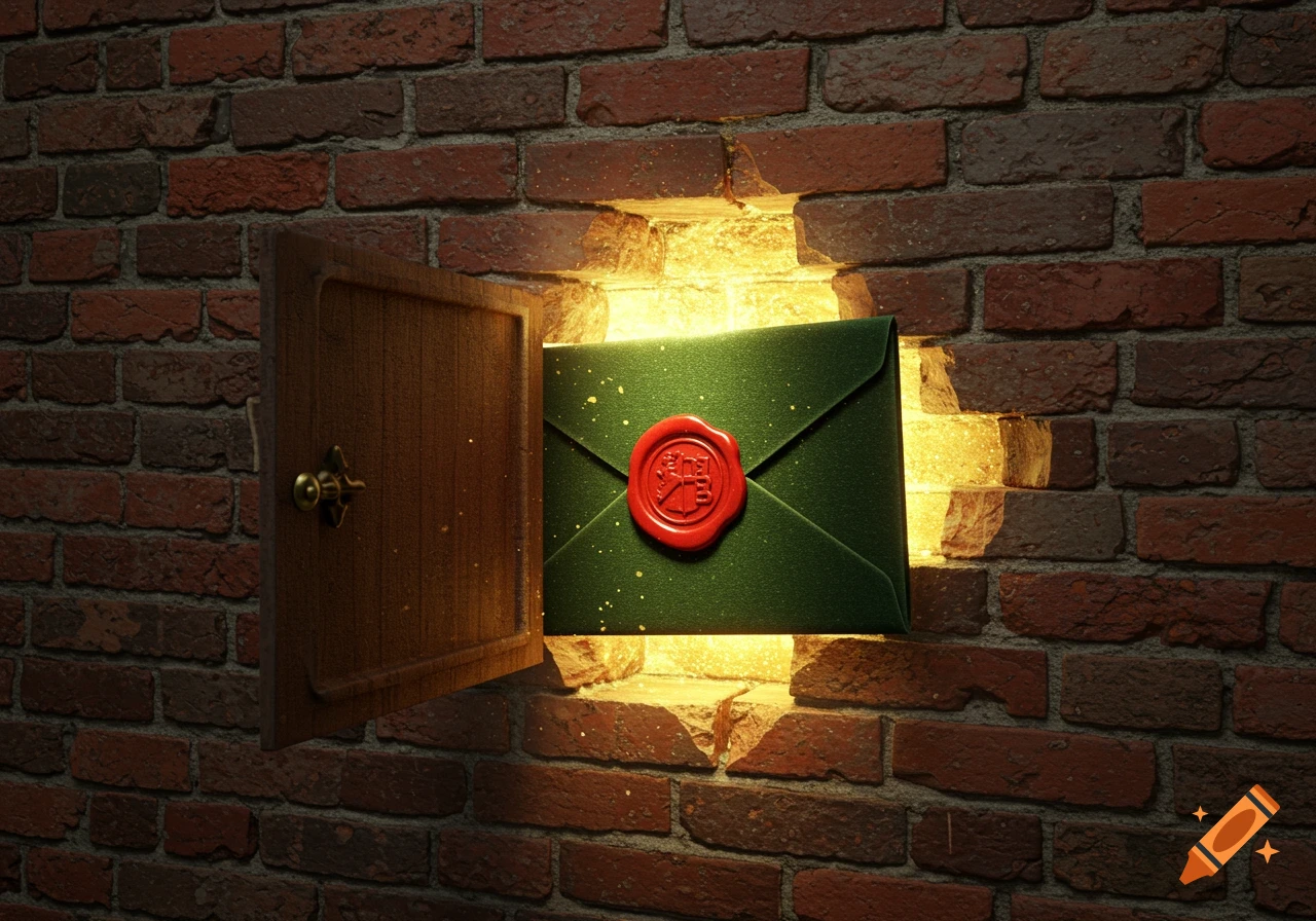 A mysterious green velvet envelope with a red wax seal, glowing with golden light from a hidden compartment in an old brick wall.