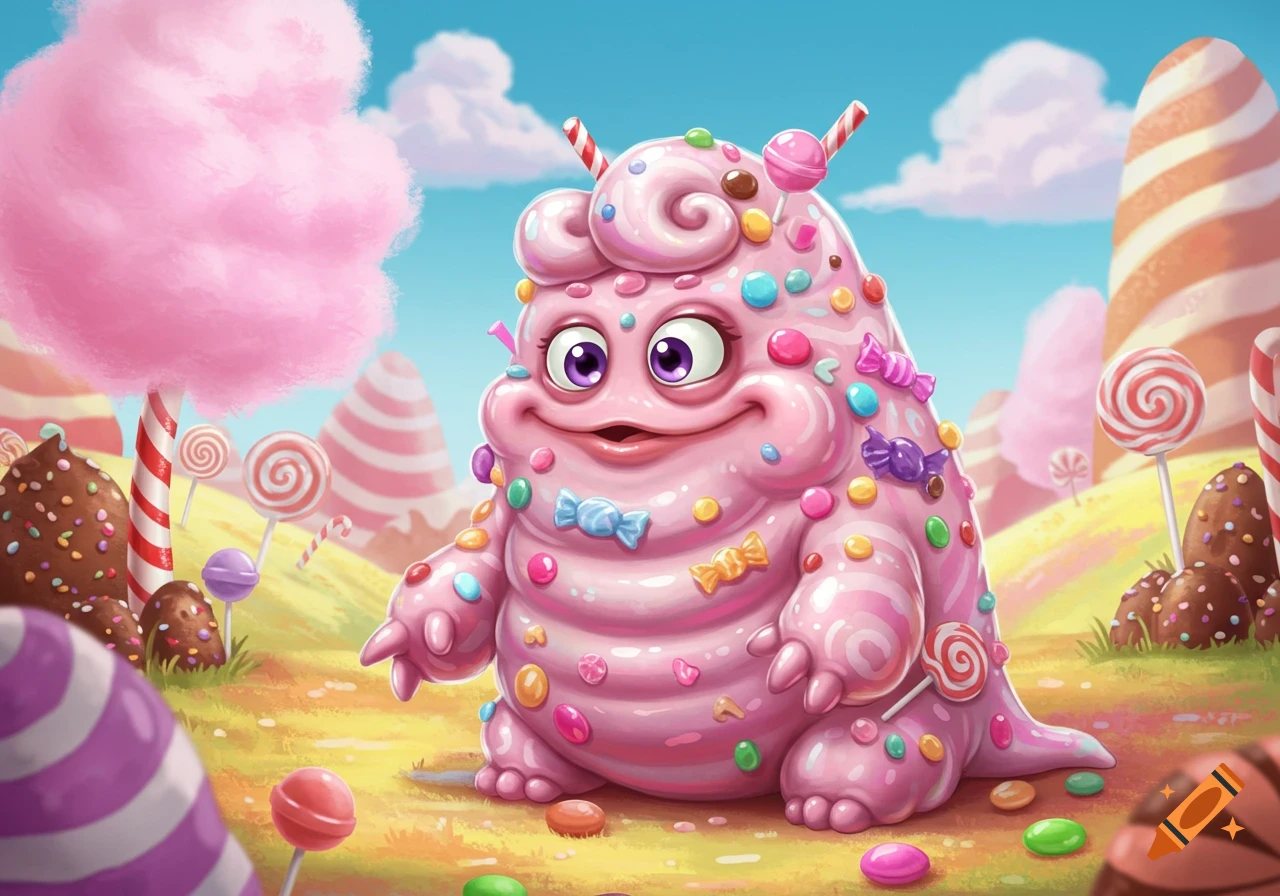 A cute pink candy monster covered in colorful sweets stands in a vibrant cartoon candy land with lollipops and cotton candy.