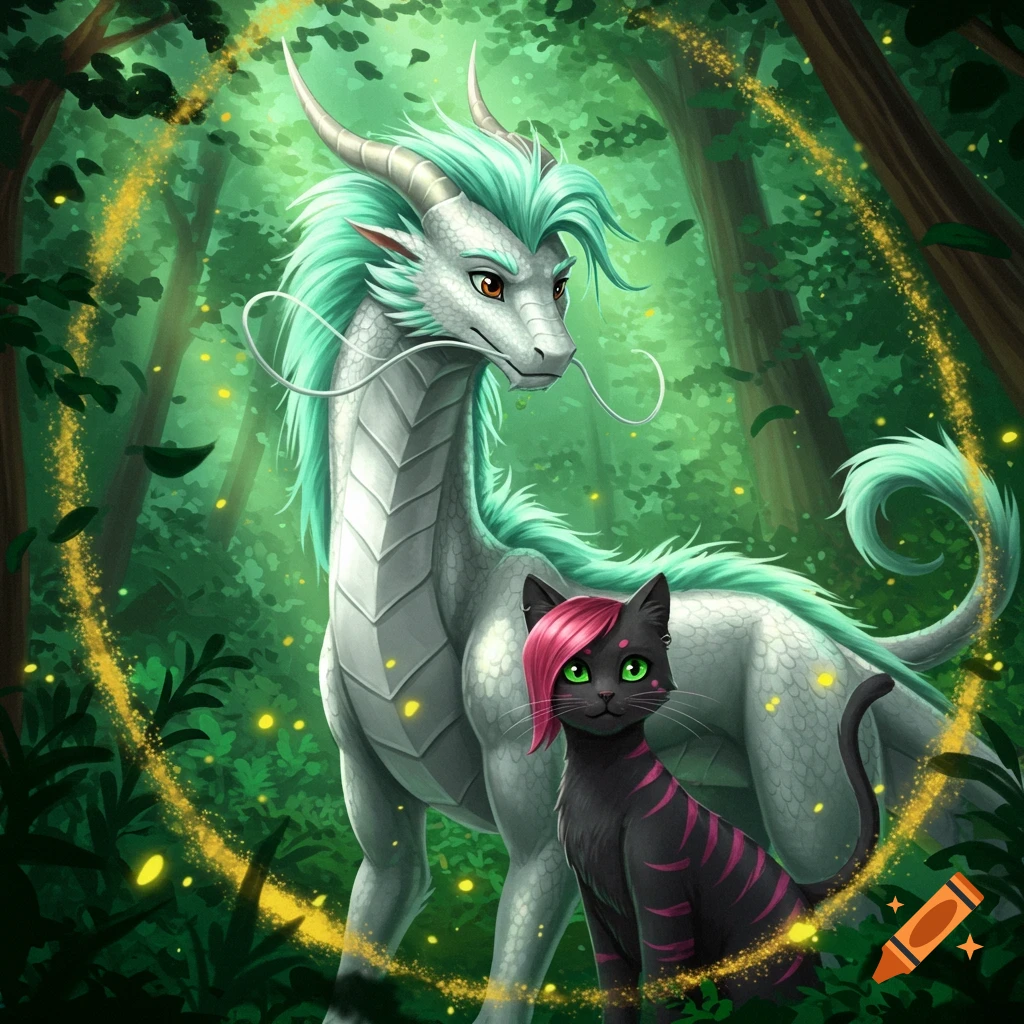 A silver dragon with mint hair stands next to a black cat with pink hair and green eyes in a glowing forest.