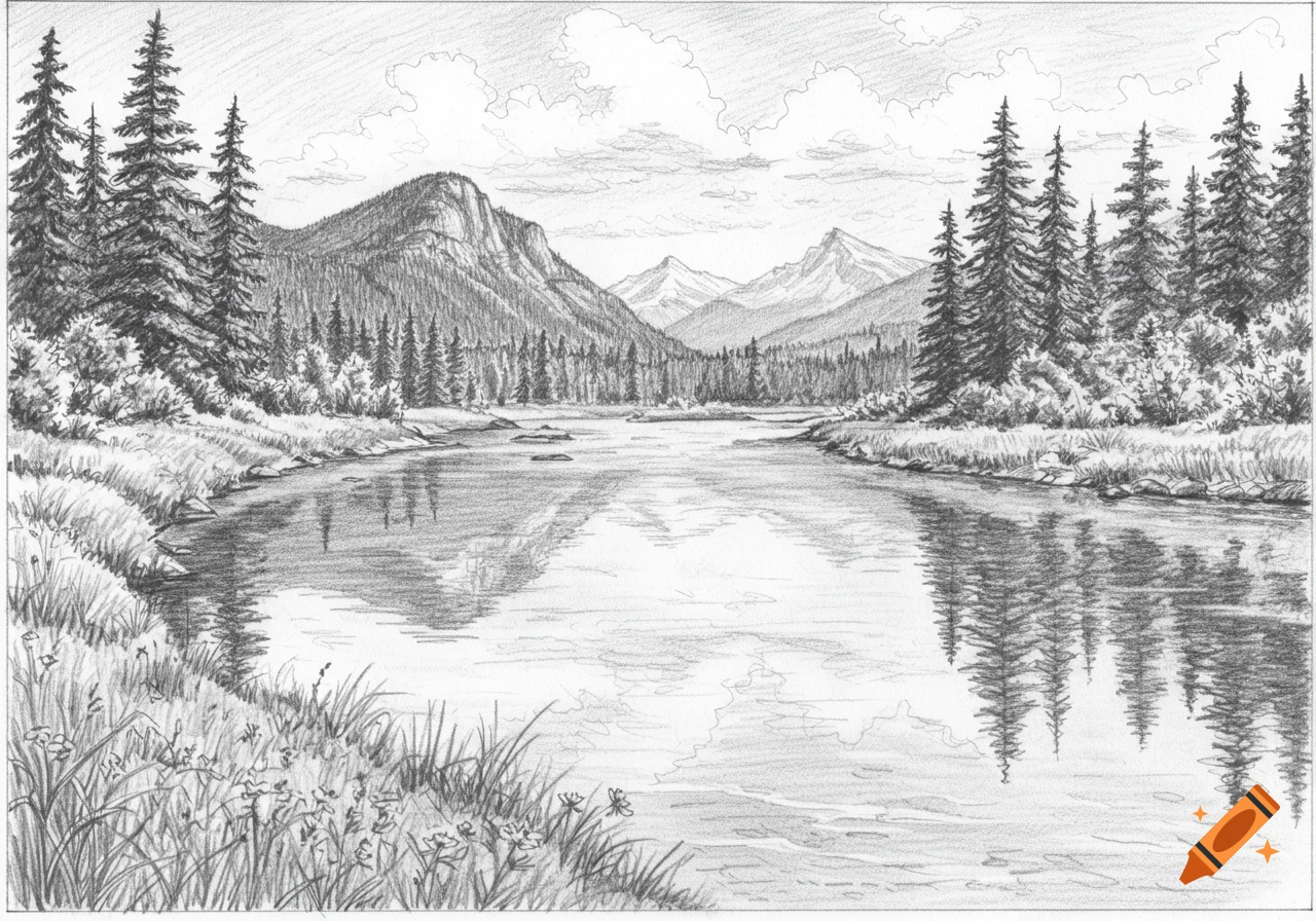 Pencil sketch of a river flowing through a mountain valley with pine trees and grassy banks under a cloudy sky.