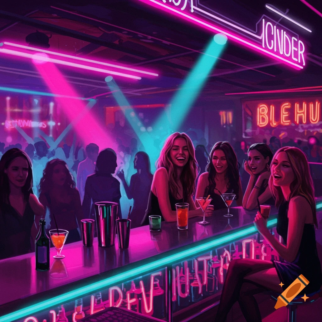 Women laughing and talking at a neon-lit bar in a crowded nightclub.