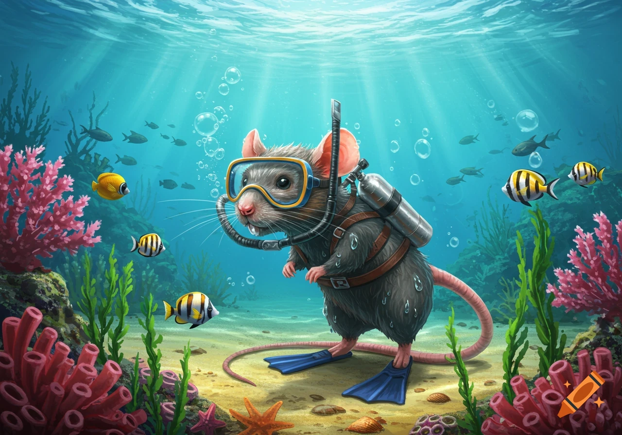 An illustration of a rat in scuba gear and flippers exploring a colorful coral reef with fish underwater.