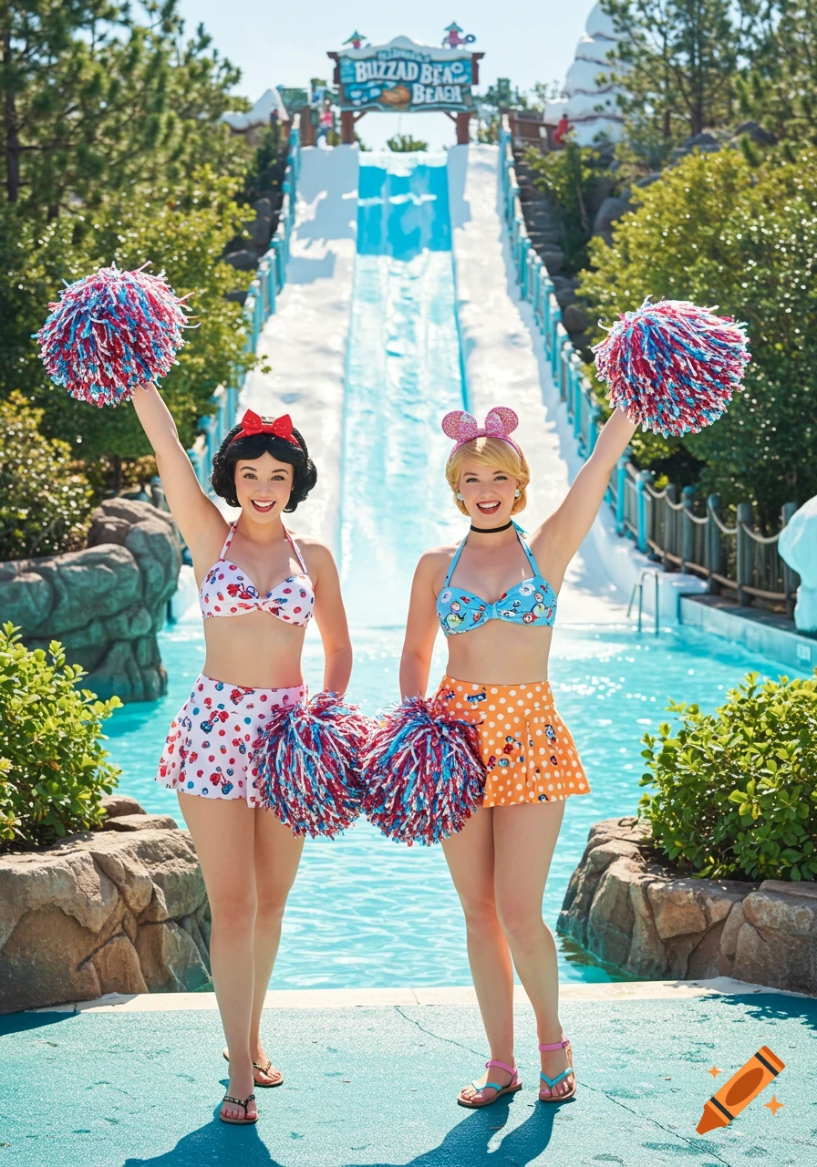Two women dressed as Snow White and Cinderella in bikinis and holding pom-poms at Disney's Blizzard Beach water park.
