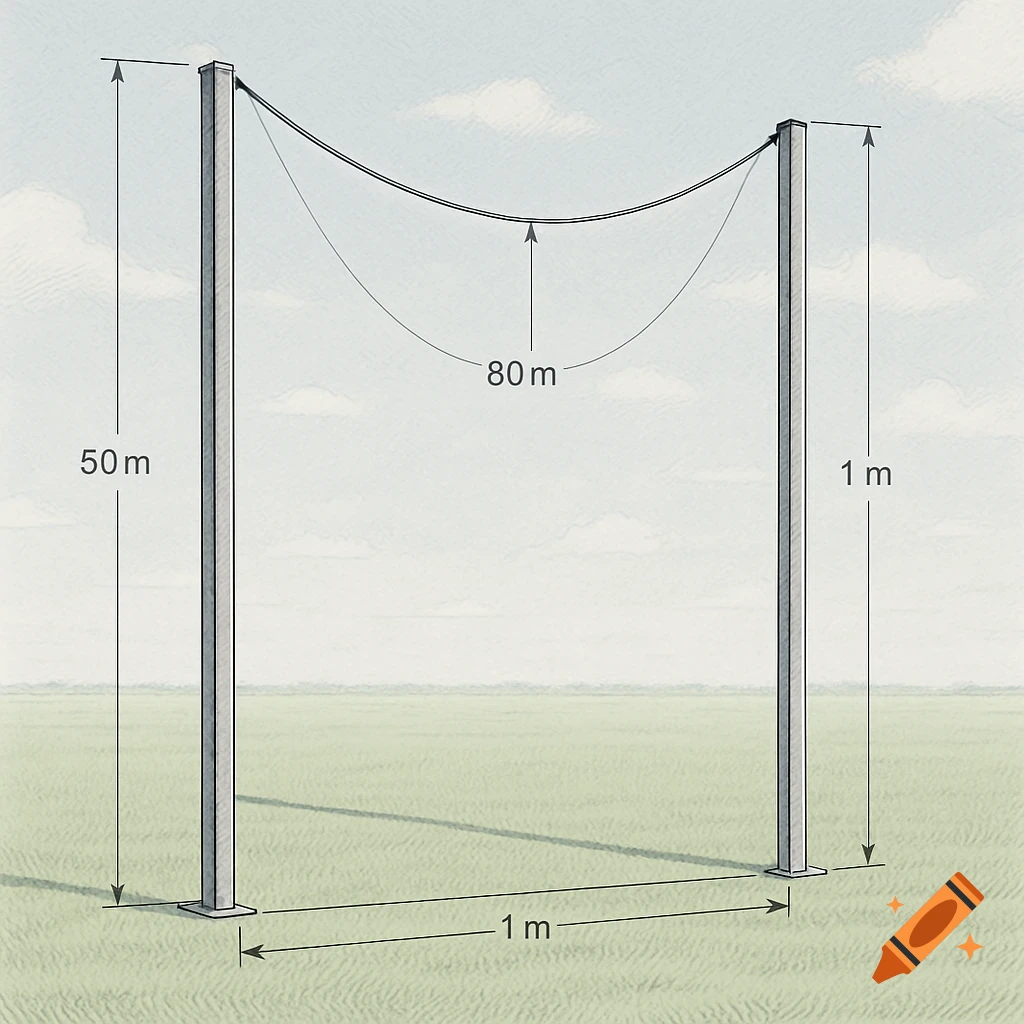 Illustration of two poles, 50m and 1m tall, 1m apart, with an 80m sagging rope between their tops in a field.