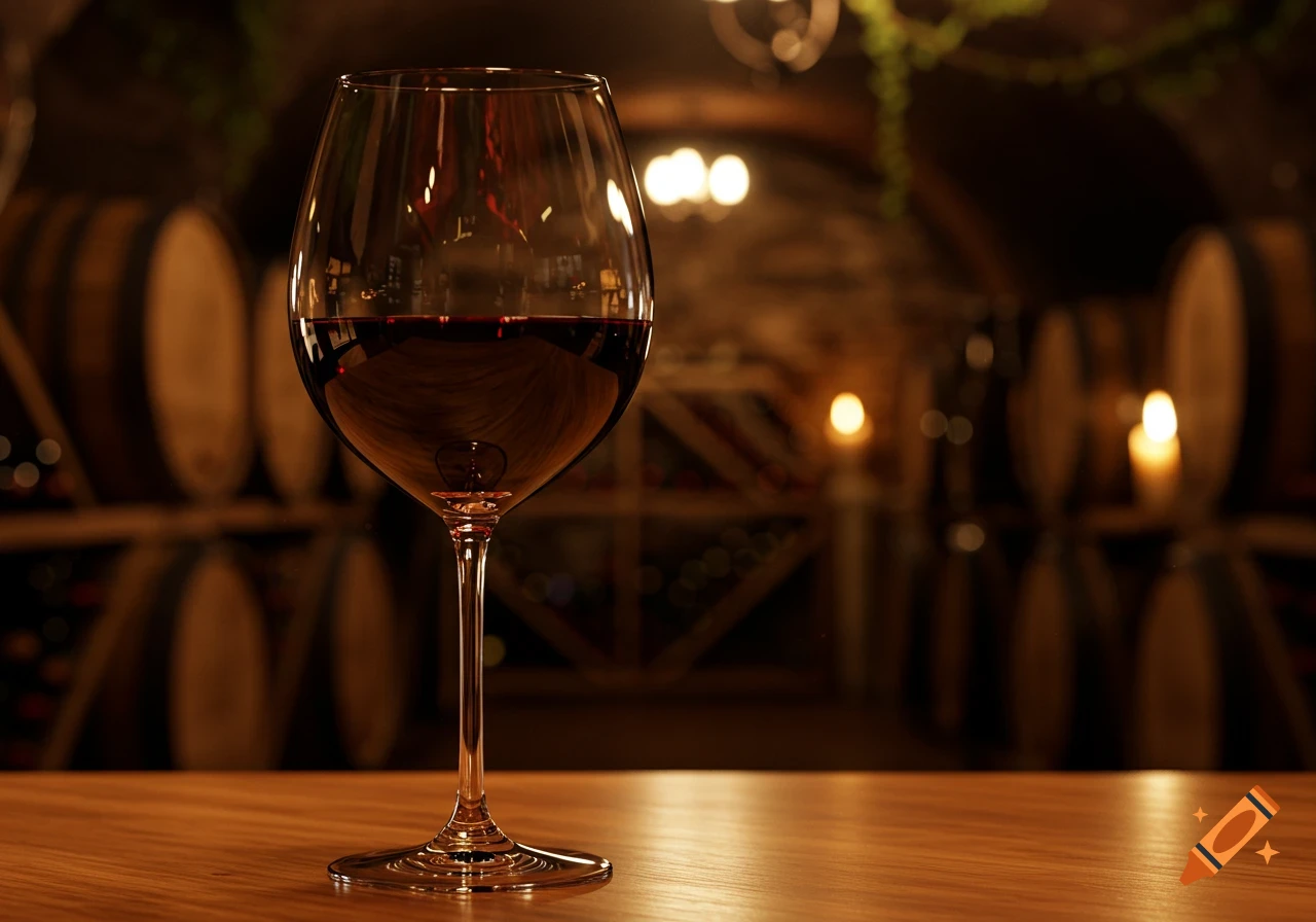 A glass of red wine on a wooden table in a dimly lit wine cellar with barrels in the background.