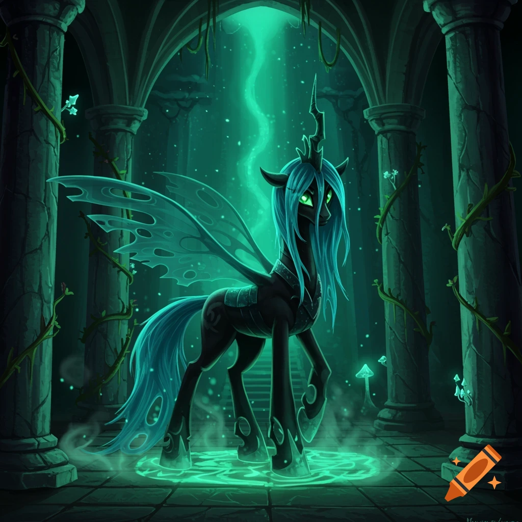 A dark winged pony-like creature with green eyes and a teal mane stands in a glowing green ruin.