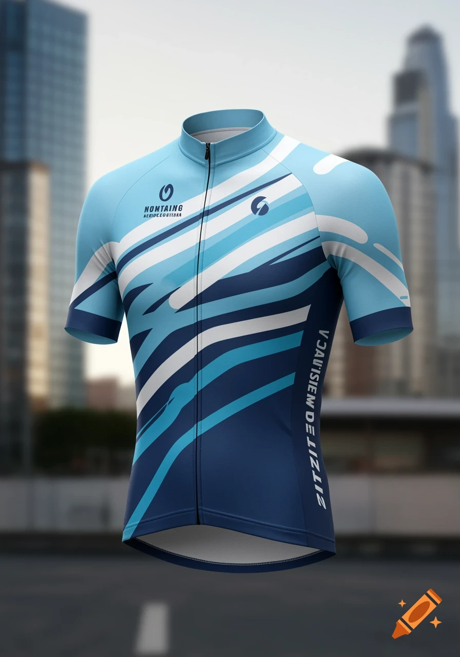 A blue cycling jersey with light blue, white, and dark blue abstract speed lines on a blurred city background.