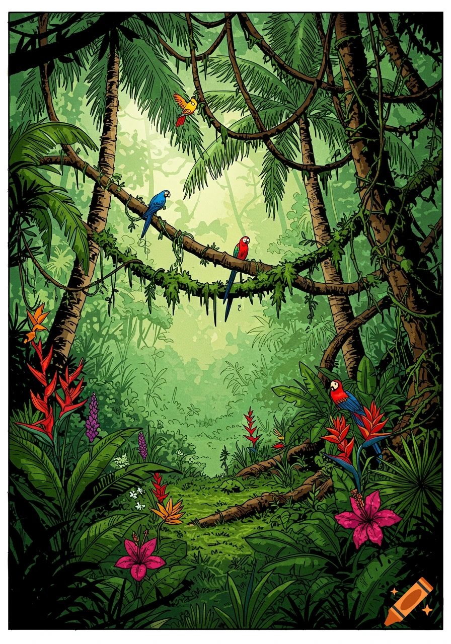 A vibrant comic book style illustration of a dense tropical jungle with colorful parrots perched on vines and lush foliage.