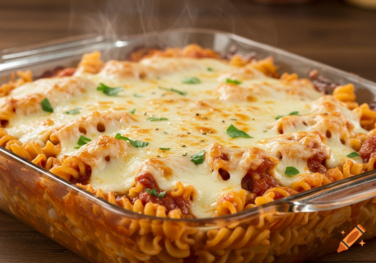 A hot rotini pasta bake in a glass dish with melted mozzarella and cheddar, garnished with fresh herbs, steam rising.
