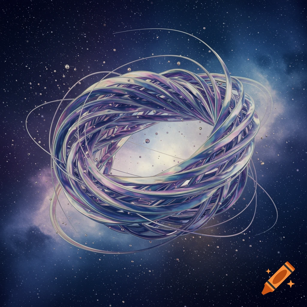 Iridescent abstract loop structure against a starry, nebulous space background.
