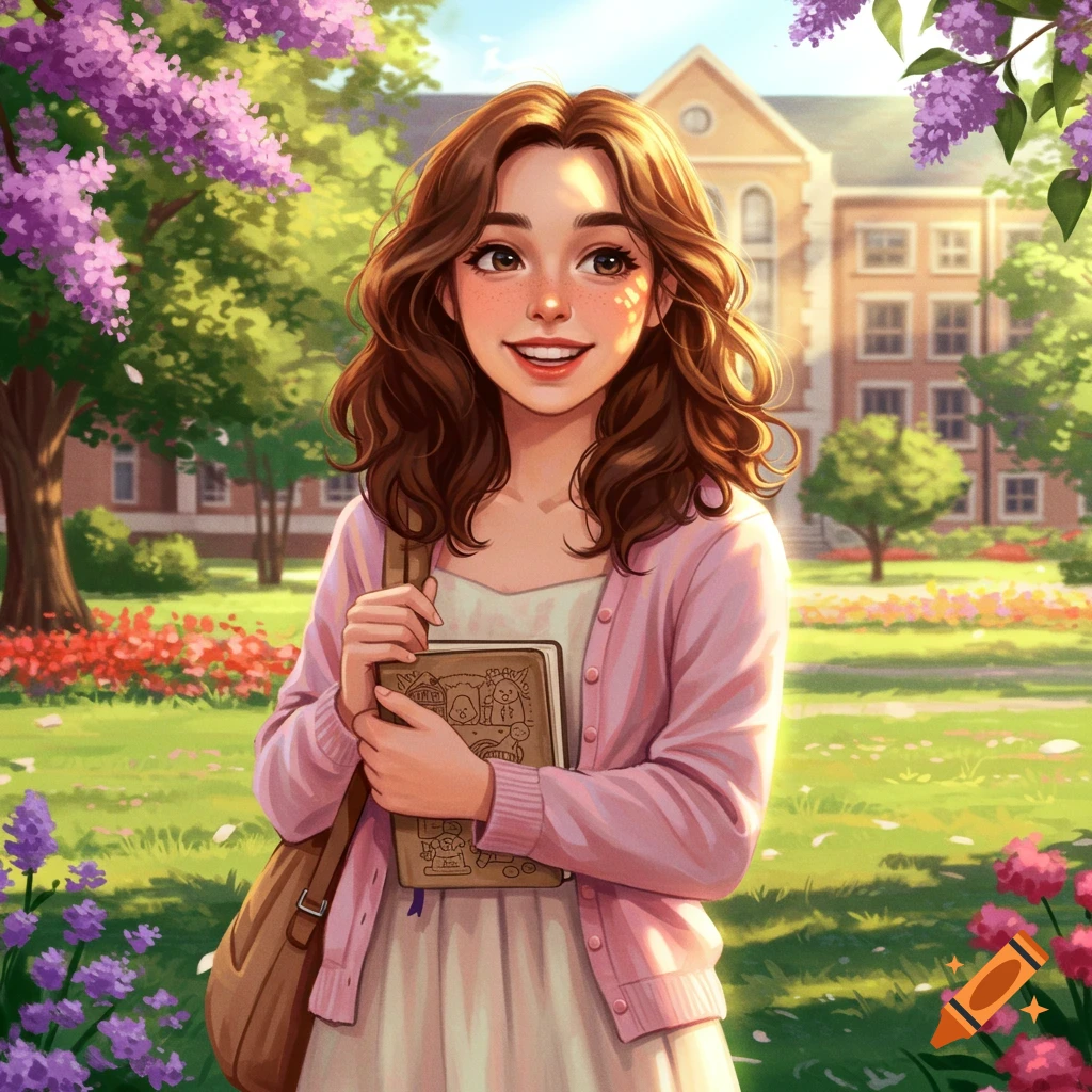 An anime-style illustration of a smiling college girl with brown hair holding a book on a vibrant green campus with purple flowers.