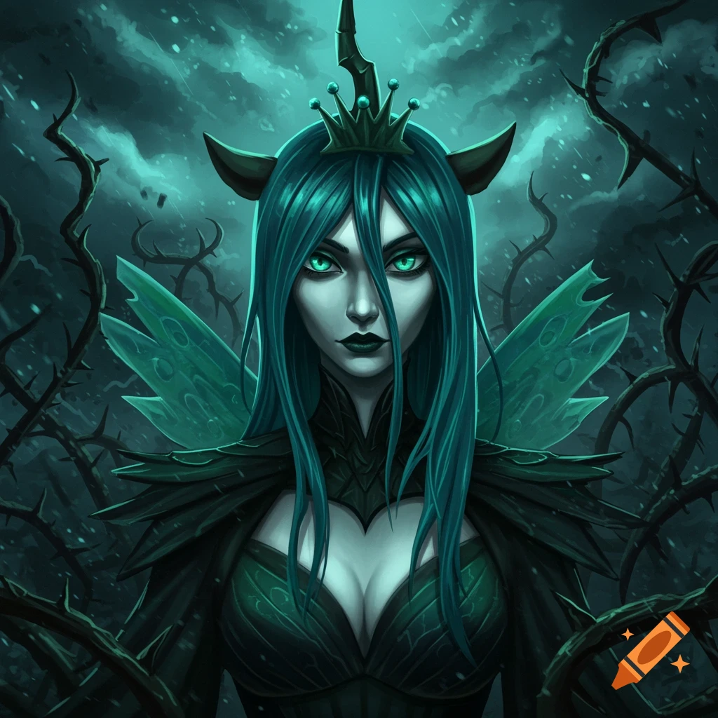 A dark fantasy portrait of a pale-skinned woman with long teal hair, glowing green eyes, black lips, horns, a crown, and insect-like wings, surrounded by thorny branches.