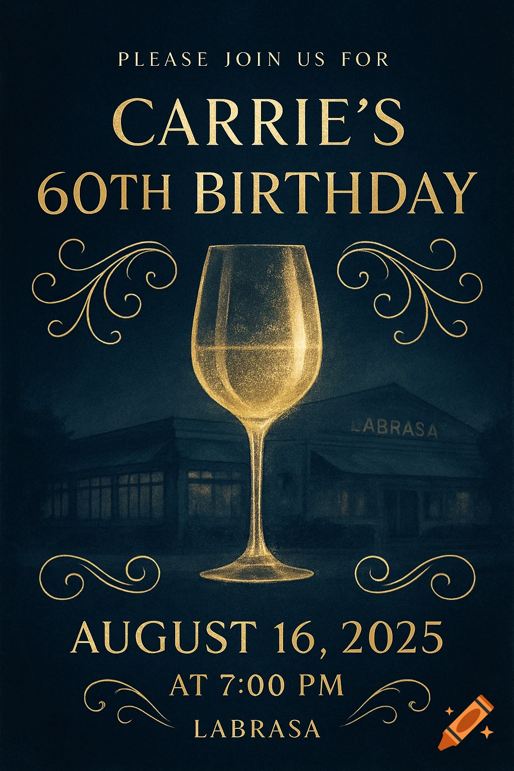 A dark blue 60th birthday invitation with golden text, a wine glass, and a building silhouette for an event at LaBrasa.