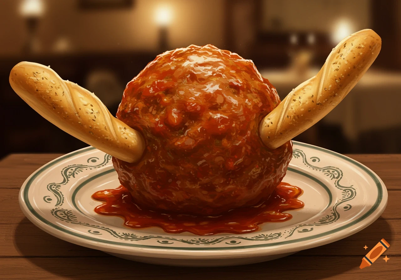 A giant meatball with two breadsticks sticking out of it, served on a plate on a wooden table.