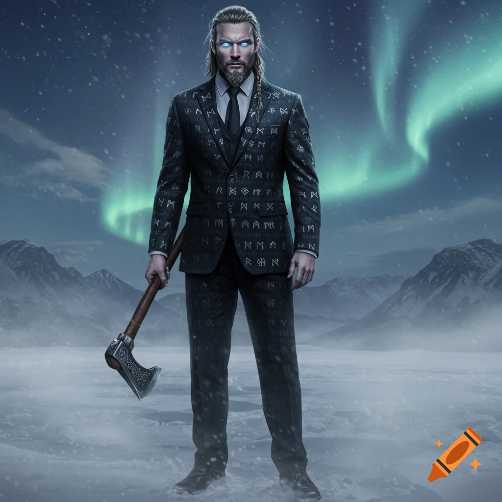 A man with glowing blue eyes, long hair, and a braided beard stands in a snowy landscape under the aurora borealis. He wears a dark suit patterned with runes and holds an axe.