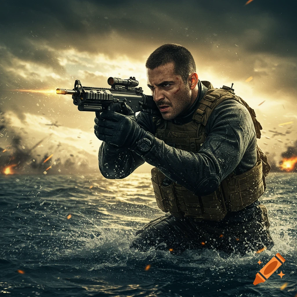 A determined male soldier in military gear, with a buzz cut and mustache, aims a rifle in stormy water with explosions in the background.