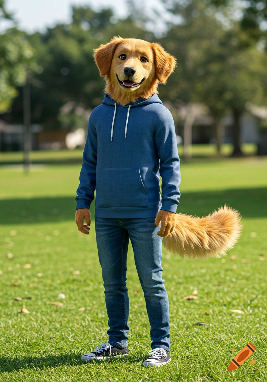 An anthropomorphic golden retriever with a fluffy tail, wearing a blue hoodie and jeans, stands in a grassy park, smiling.