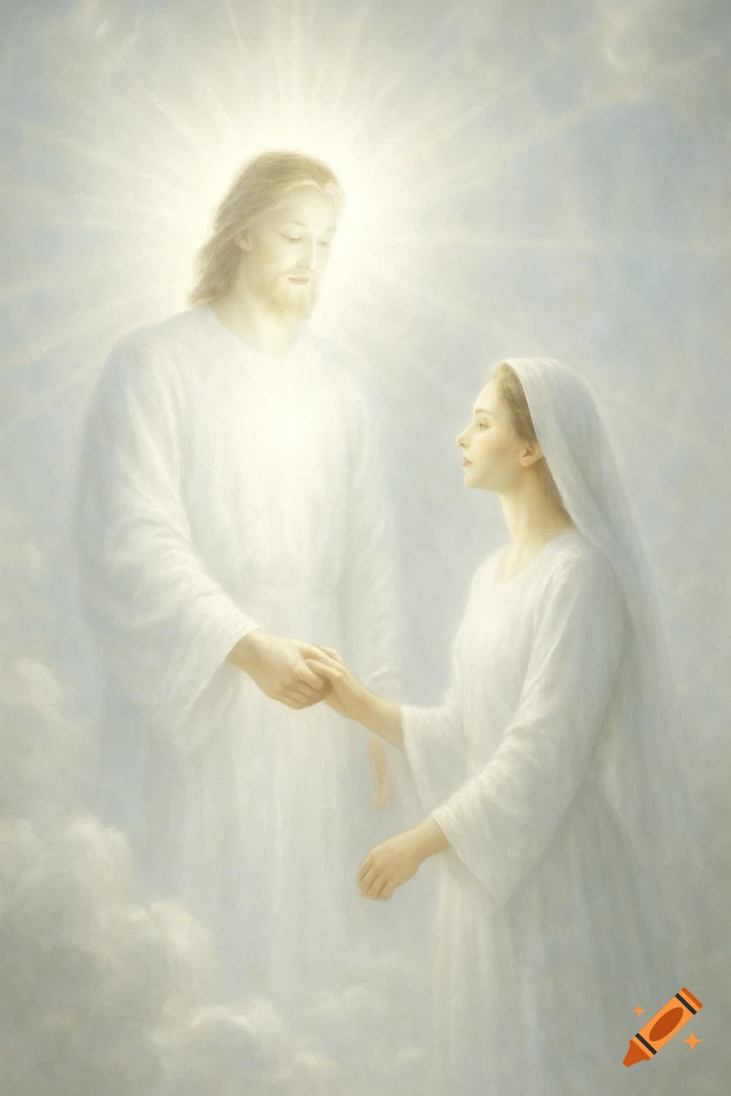 Painting of Jesus in a white robe with a bright halo, holding hands with a woman in white, against a cloudy sky.