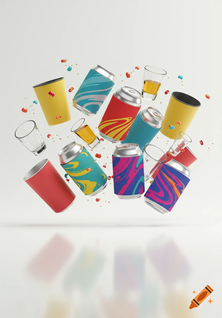 Colorful beverage cans, stadium cups, and shot glasses with confetti float against a clean white background.