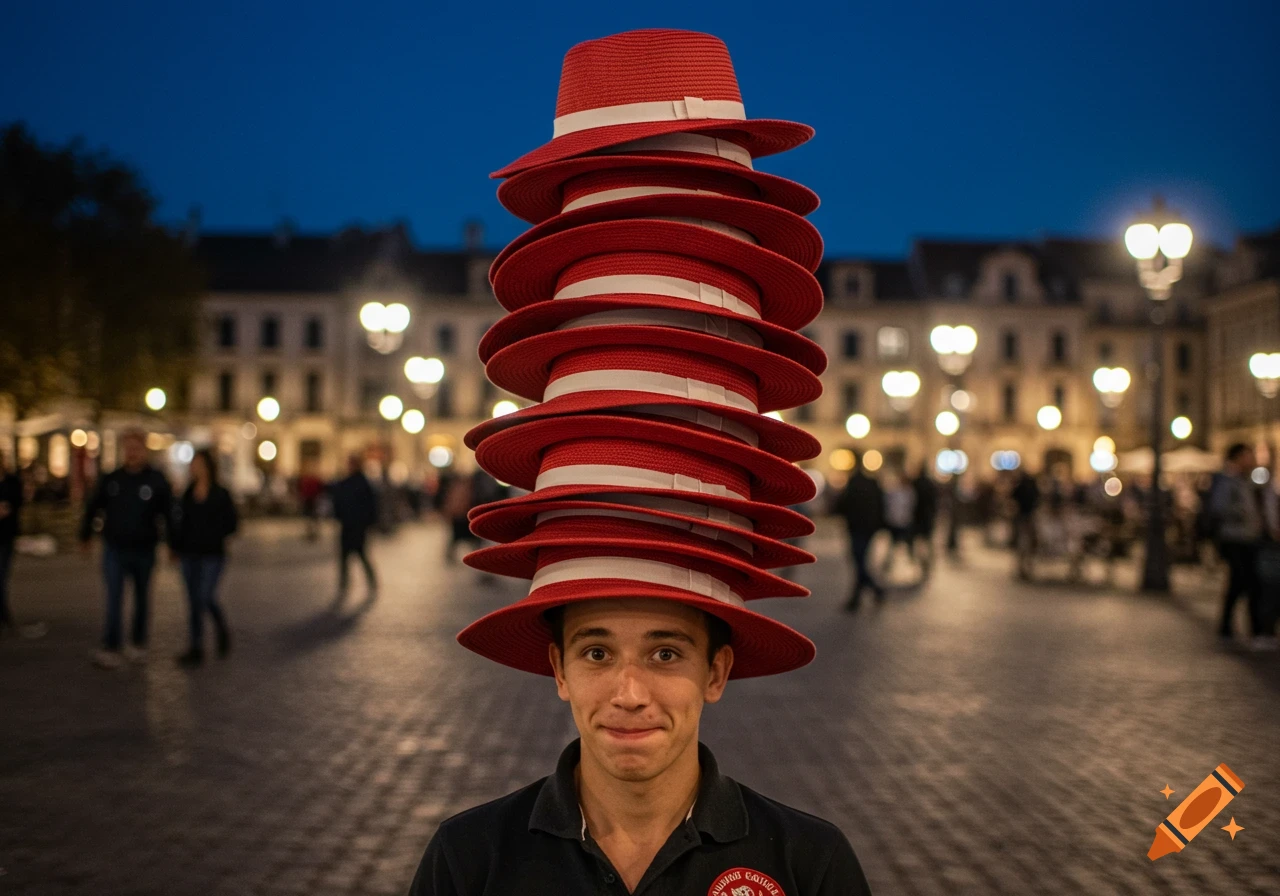 A young man with an amused expression balances a tall stack of red hats on his head in a dimly lit city square at dusk, photorealistic.