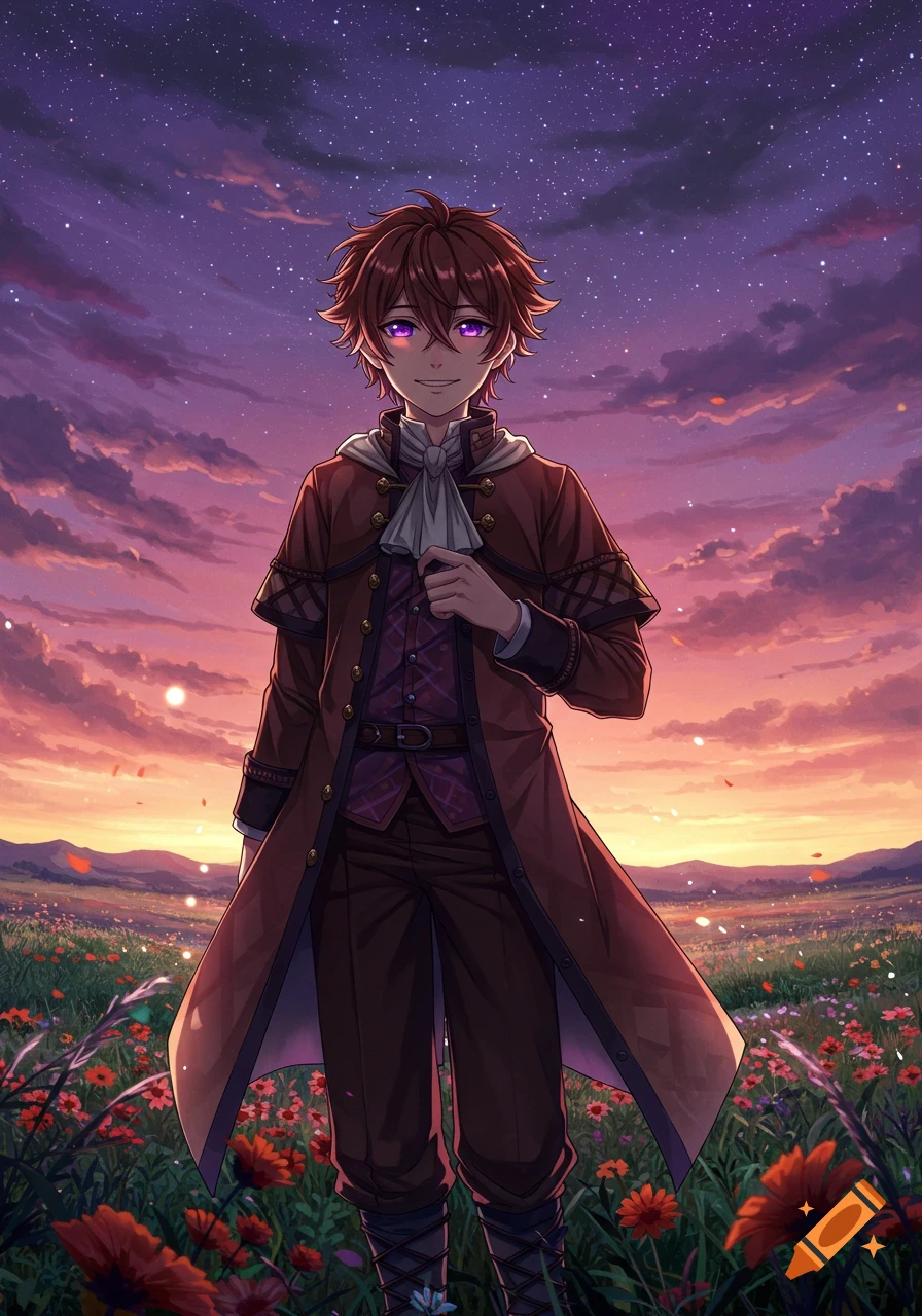 An anime boy with brown hair and glowing purple eyes stands smiling in a field of red flowers under a vibrant purple sunset sky.