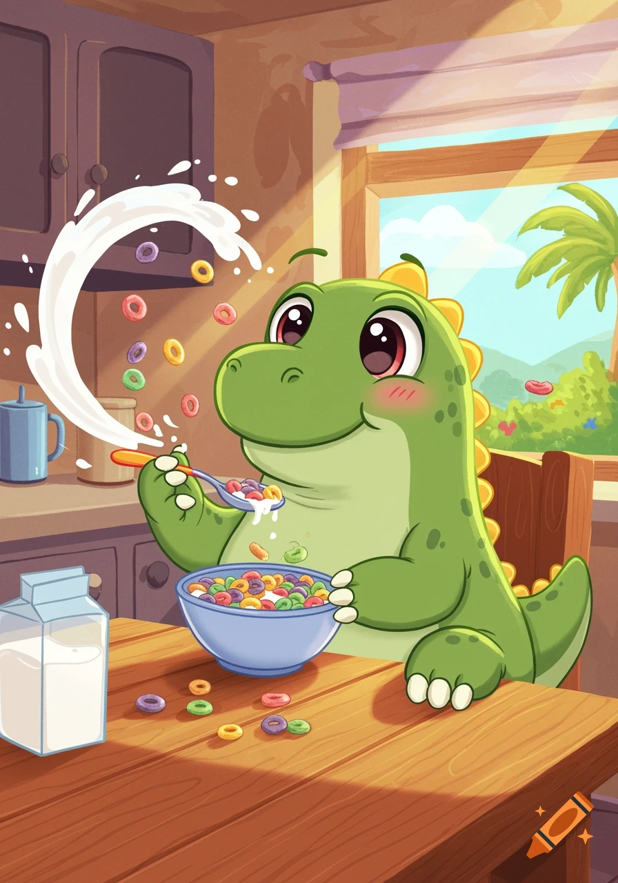 A cute green cartoon dinosaur with large eyes happily eating a bowl of colorful cereal with milk splashing in a sunlit kitchen.
