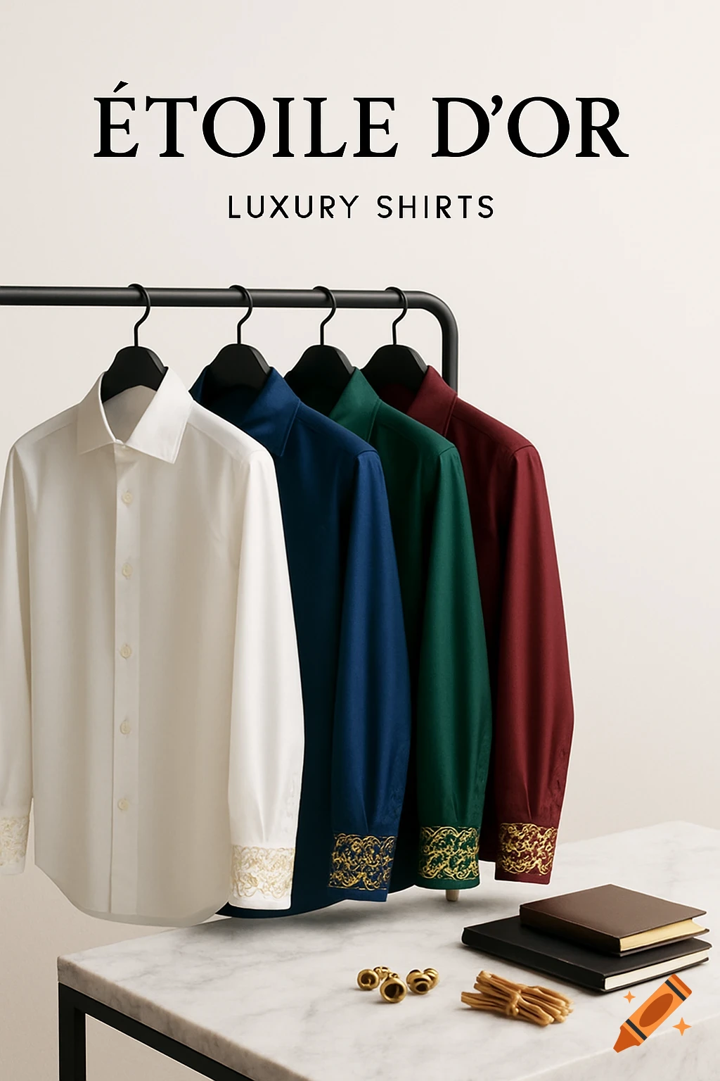 Four luxury dress shirts (white, blue, green, red) with embroidered cuffs on a rack above a marble table. Text: ÉTOILE D'OR LUXURY SHIRTS.
