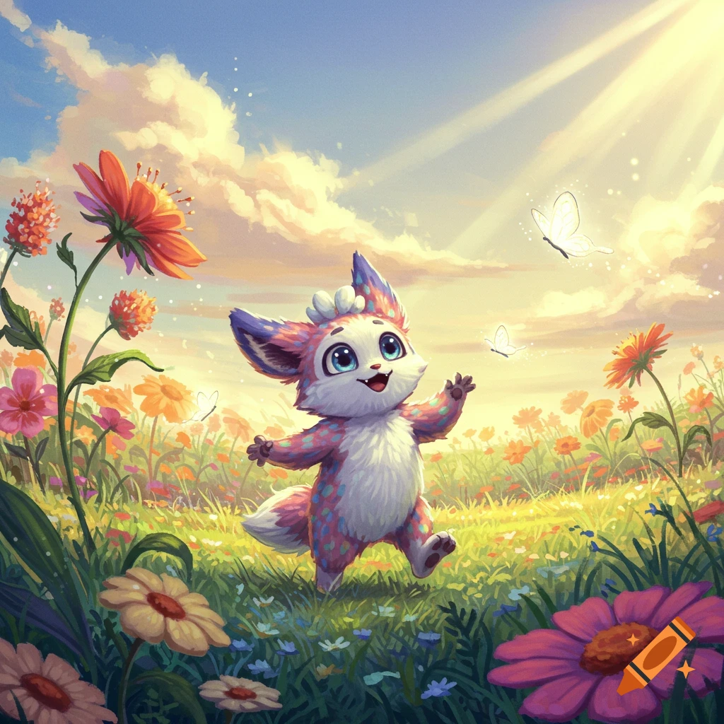A cute, colorful fantasy creature with big blue eyes happily runs through a vibrant flower field under a sunny sky with butterflies.