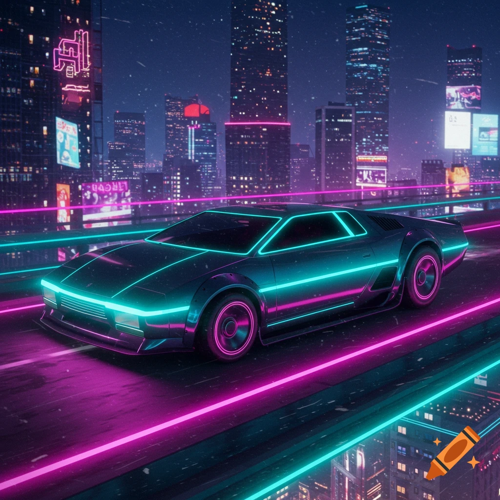 A sleek, black futuristic car with glowing neon teal and pink outlines drives on a neon-lit highway at night through a cityscape.