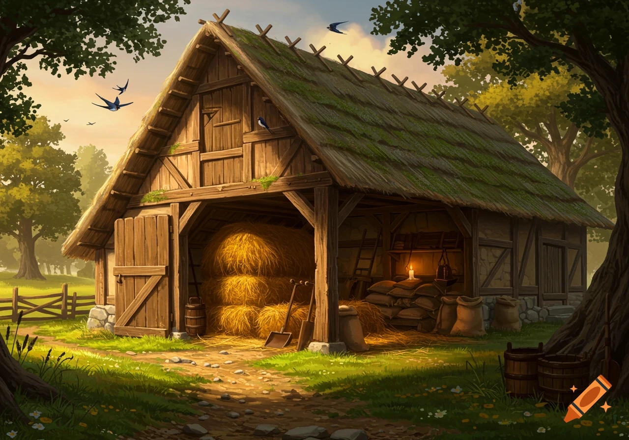 A rustic medieval barn with a thatched roof and hay bales inside, surrounded by green trees. Digital painting.
