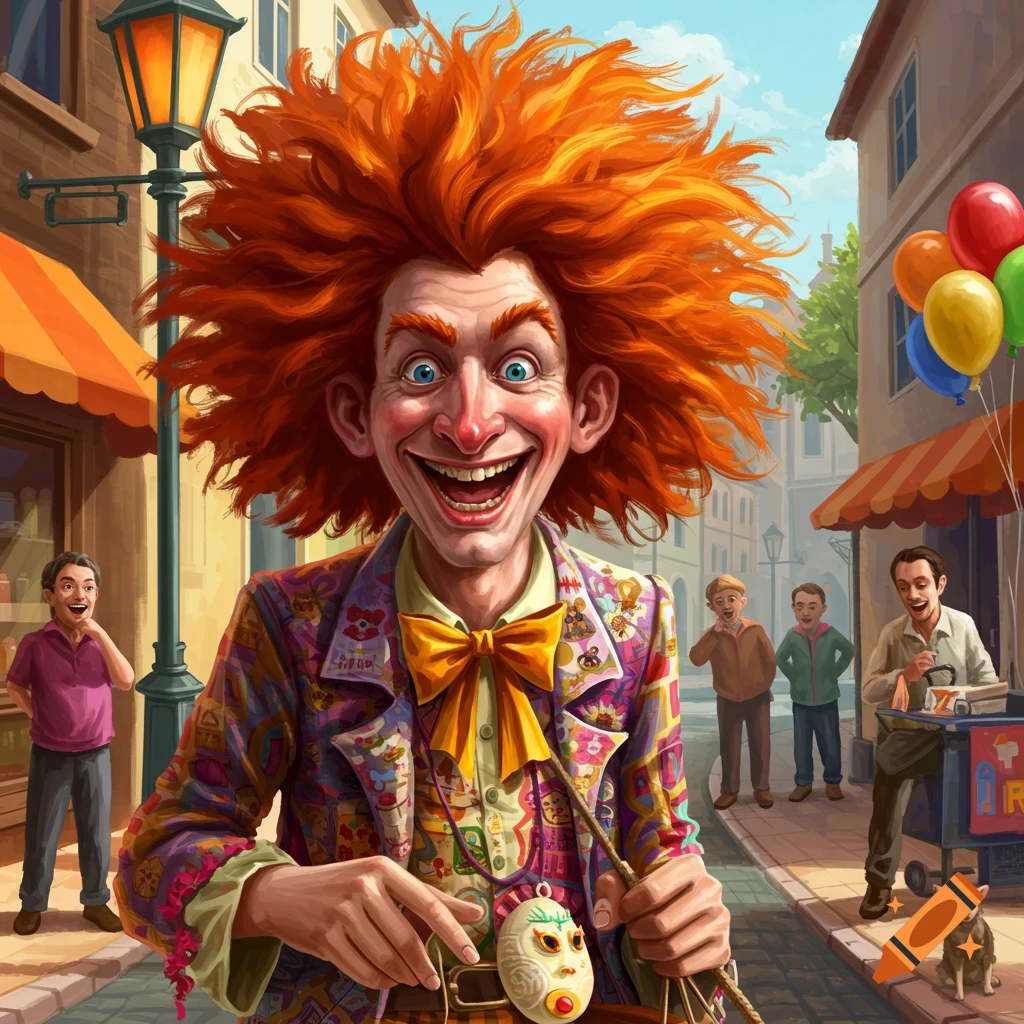 A man with wild orange hair, wide blue eyes, and an exaggerated smile wears a colorful patterned suit and a yellow bow tie, standing on a street.