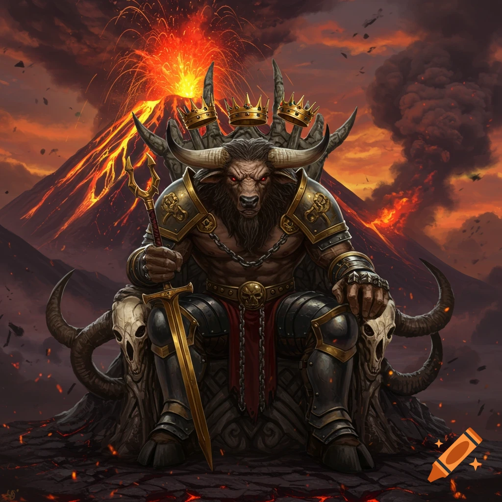 A powerful Minotaur warrior in ornate armor and multiple crowns sits on a horned throne before an erupting volcano, in a dark fantasy art style.