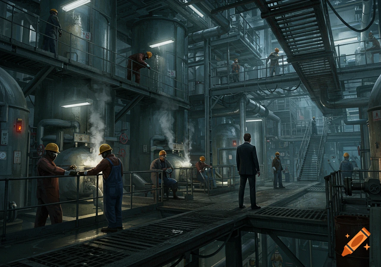 Men in hard hats work in a vast, dark, atmospheric industrial chemical plant, with one man in a suit observing.