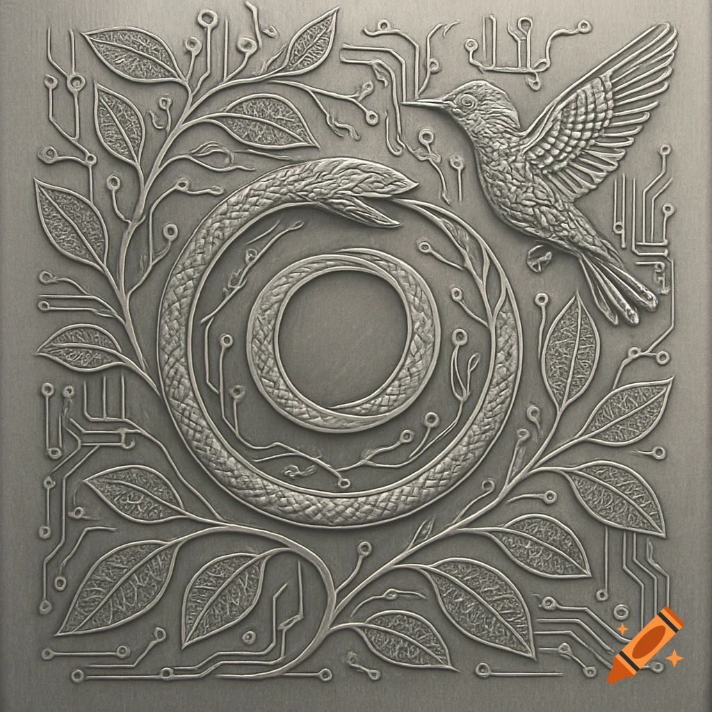 A stylized metallic engraving depicting a snake forming a circle, a bird, and leafy branches intertwined with circuit board lines.