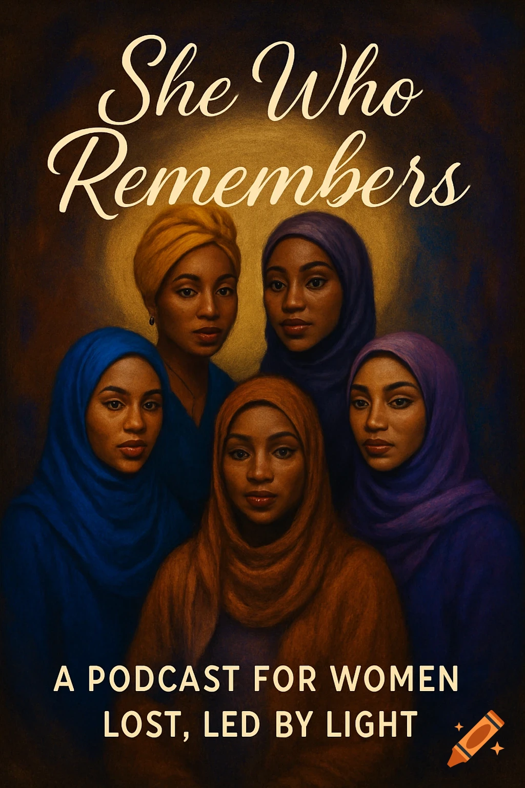 Digital painting of five Black Muslim women in colorful head coverings, depicted as a podcast cover with the title "She Who Remembers".