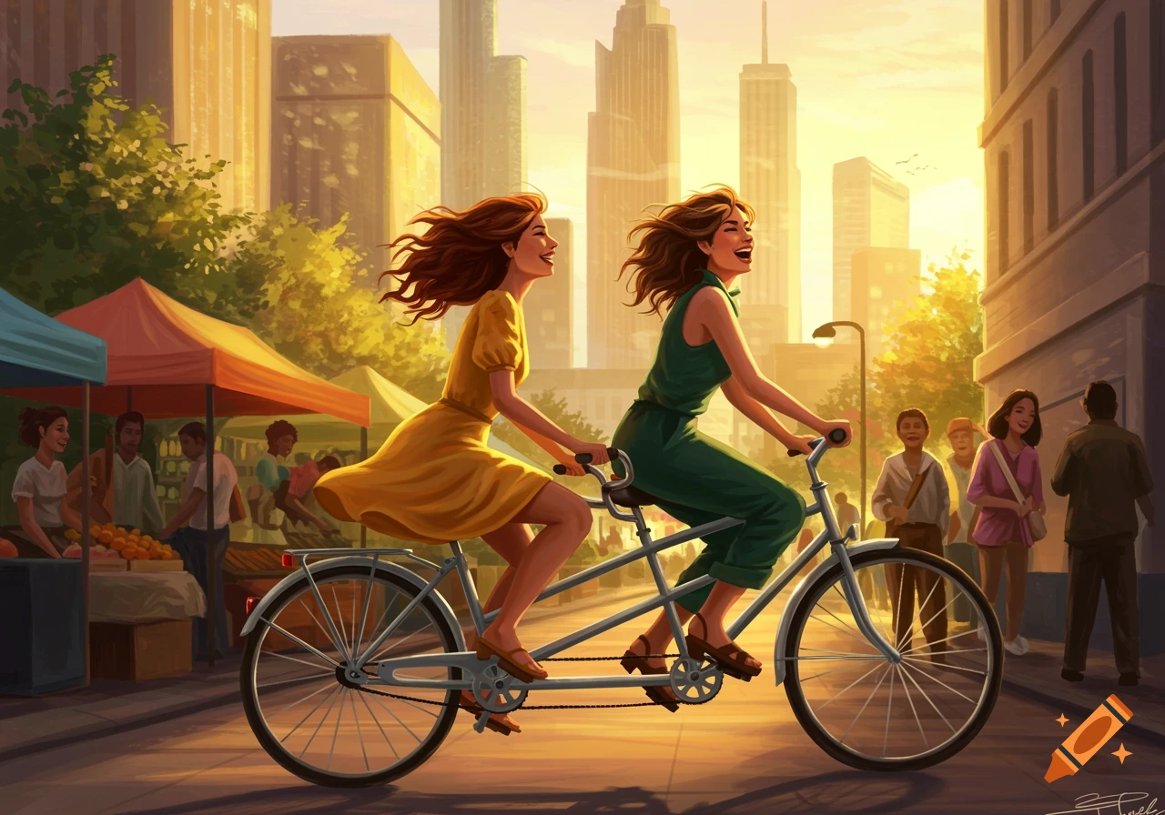 Two happy women on a tandem bicycle ride past market stalls on a bustling city street at sunset, illustration.