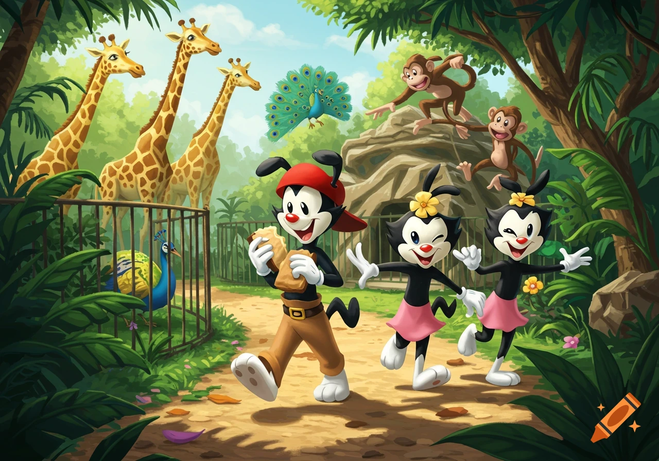 Cartoon characters Yakko and Dot walk through a sunny zoo, passing giraffes, monkeys, and peacocks.