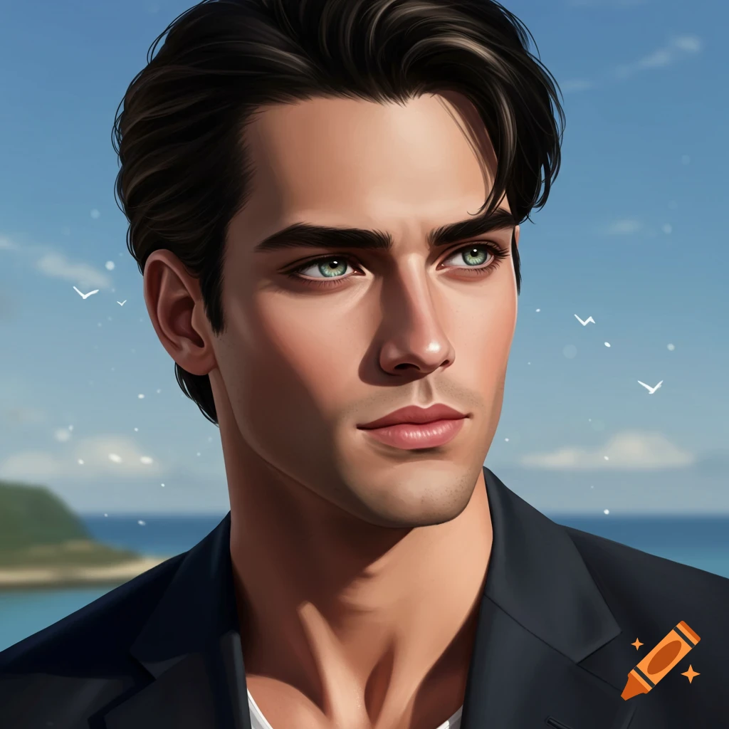Stylized portrait of a young man with dark hair and striking green eyes, wearing a dark jacket, against a bright blue sky and ocean.