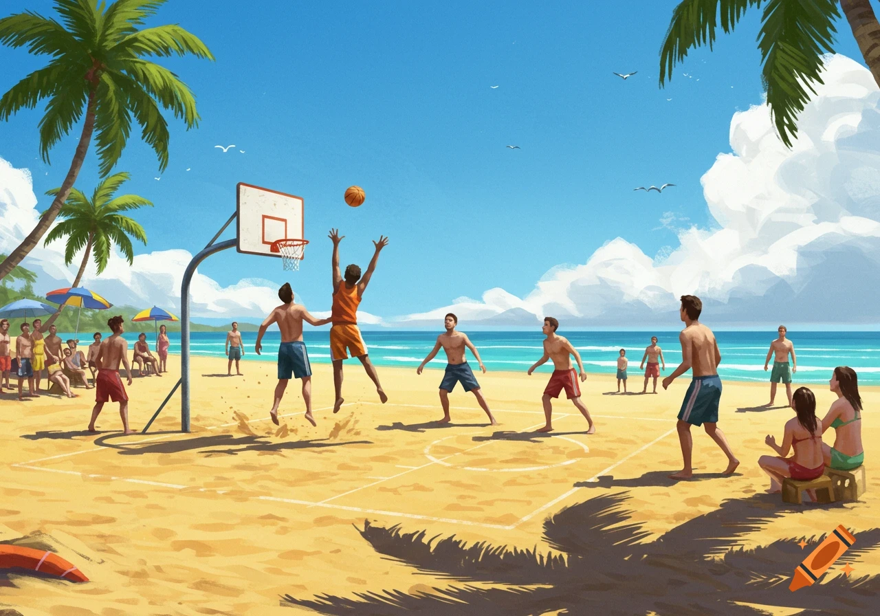 People play basketball on a sandy beach under palm trees, with a bright blue sky and ocean in the background, in an illustrated style.