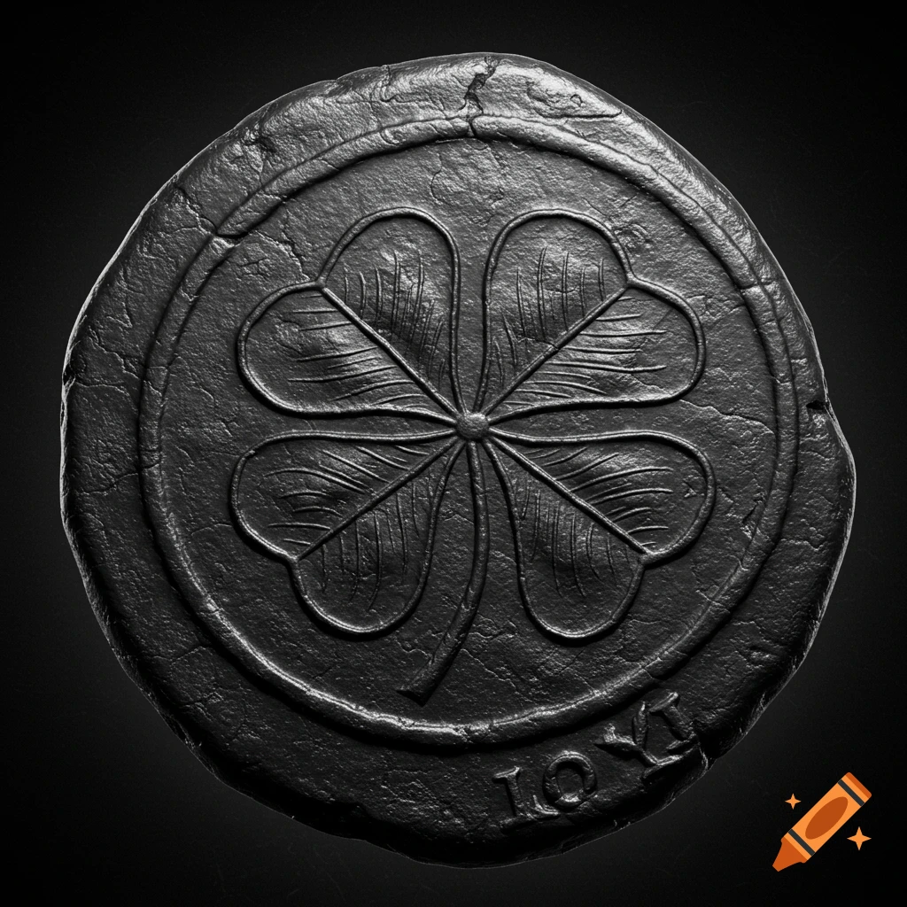 A dark, ancient, circular coin with a raised four-leaf clover design and faint illegible text along the bottom edge, against a black background.