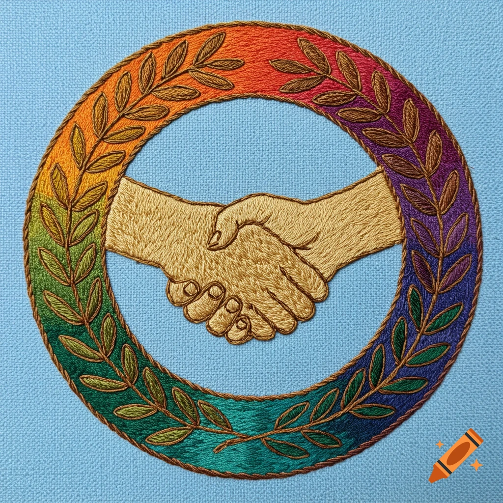 Embroidery of two hands shaking inside a rainbow-colored wreath on a blue fabric background.