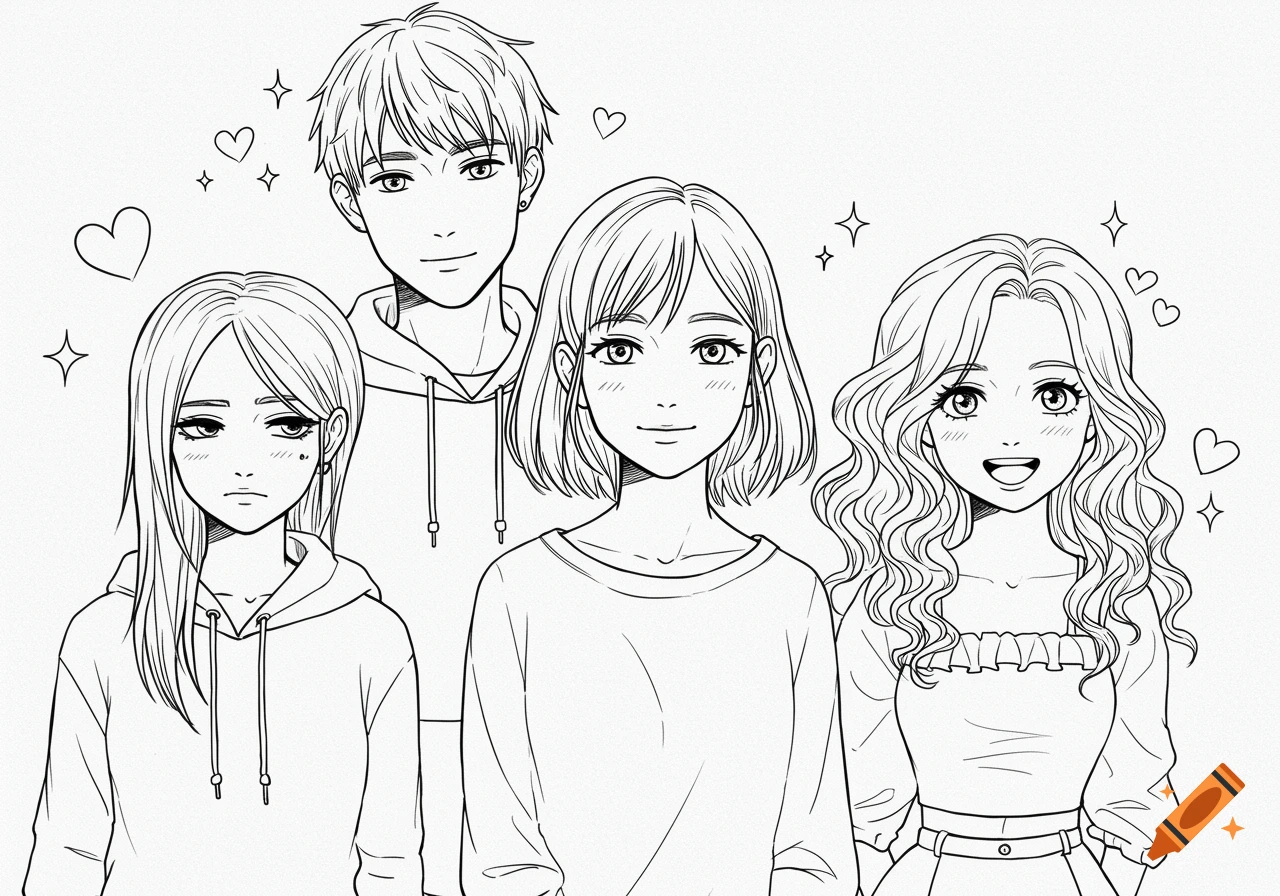 Black and white line art illustration of four anime-style characters, three girls and one boy, with hearts and stars.