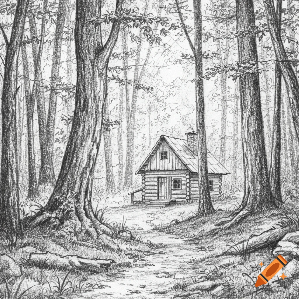 A detailed pencil sketch of a rustic wooden cabin nestled deep within a dense forest, with a path leading to its entrance.