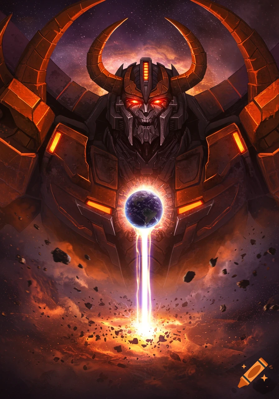 A colossal, horned robot, Unicron, with glowing red eyes, holds Earth as it emits a destructive beam in a chaotic, debris-filled space.