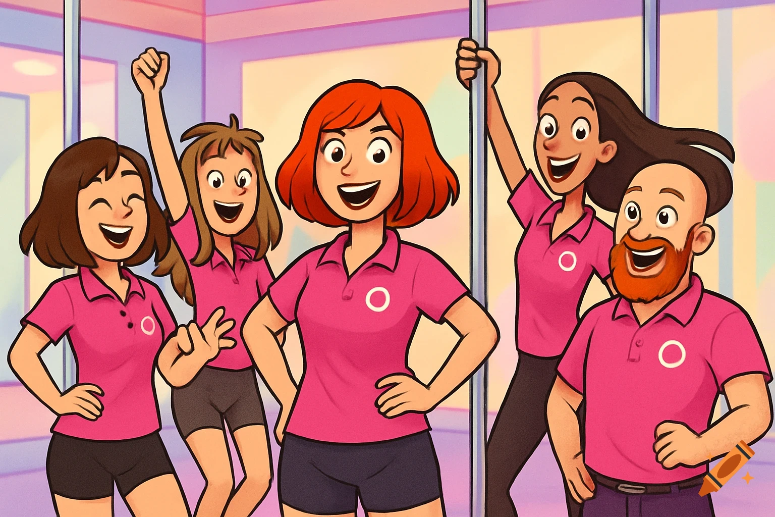 Five happy people, four women and one man, in a cartoon style, posing in a pole studio wearing pink polo shirts.