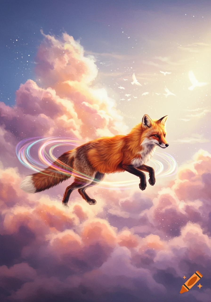 A vibrant orange fox with rainbow rings around its body leaps through pastel clouds in a bright, ethereal sky with birds, digital art.