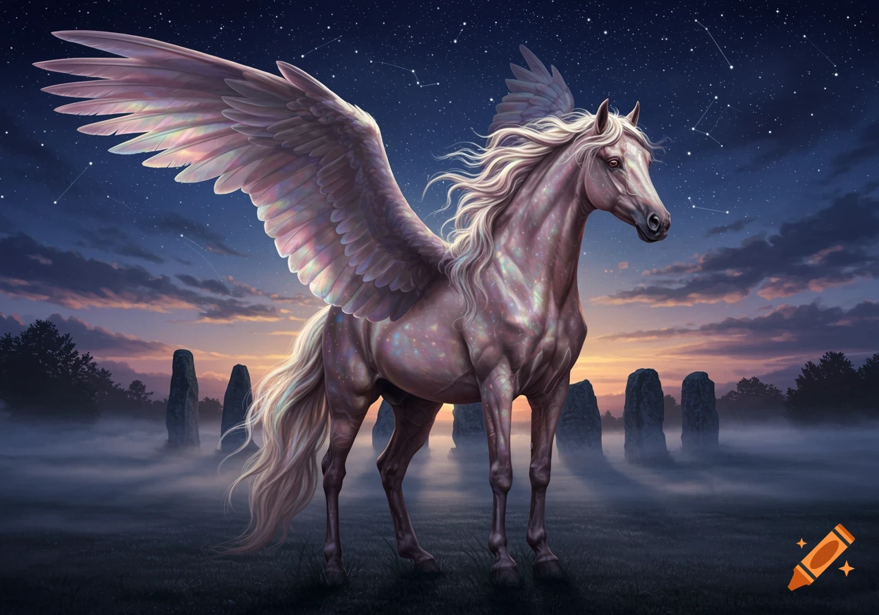 A majestic Pegasus with shimmering, iridescent wings and coat stands in a misty field under a starry twilight sky with standing stones.