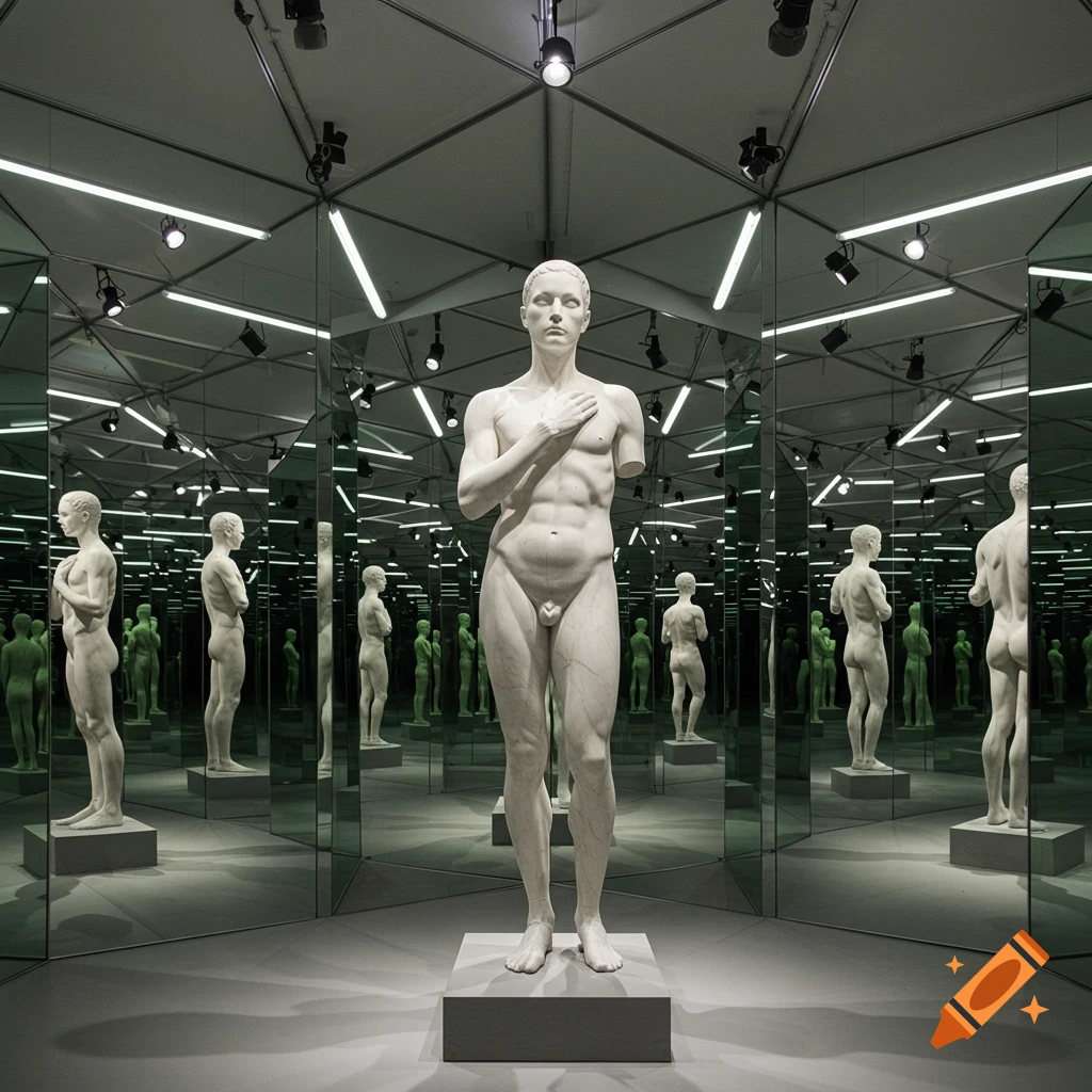 A white marble sculpture of a nude male figure standing in a mirrored room, with numerous reflections stretching into the distance.