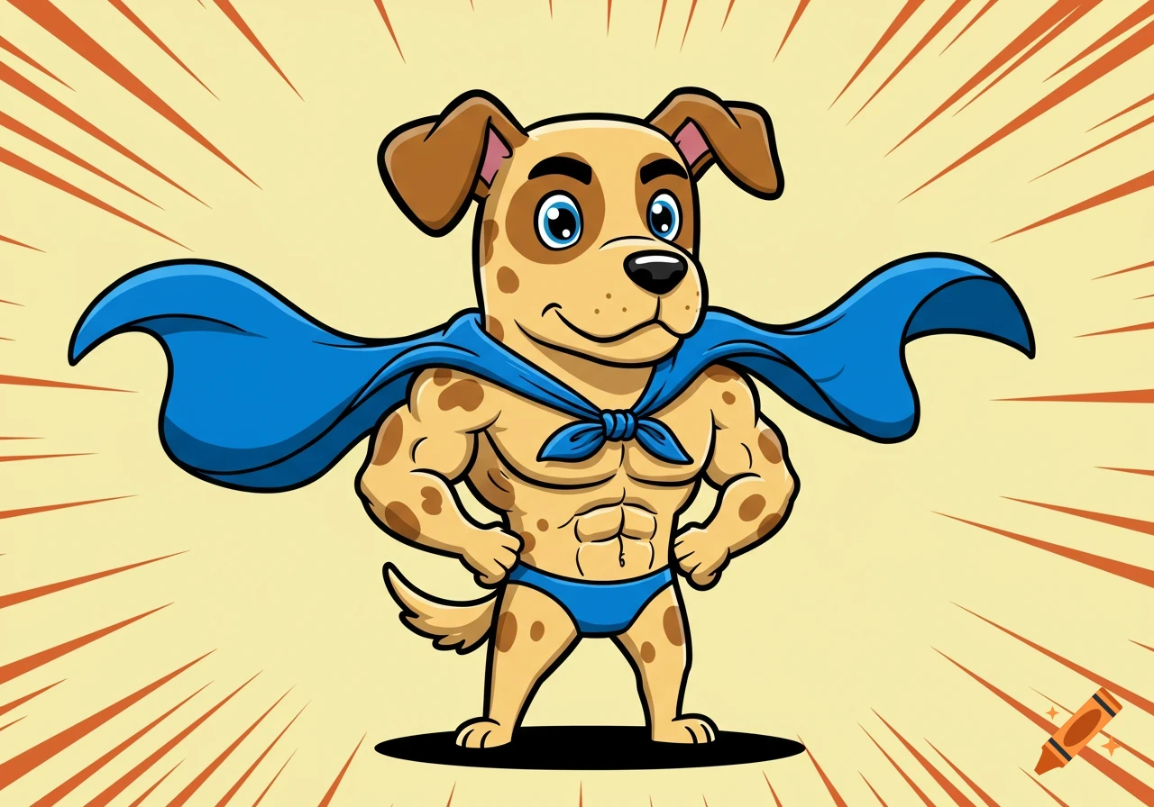 A cartoon golden dog with brown spots, blue eyes, floppy ears, and thick black eyebrows, wearing a blue superhero cape and trunks, flexing muscular arms and a six-pack.